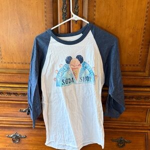 Disney Navy and White Raglan Long Sleeve Tee with Ice Cream Soda Shop Graphic